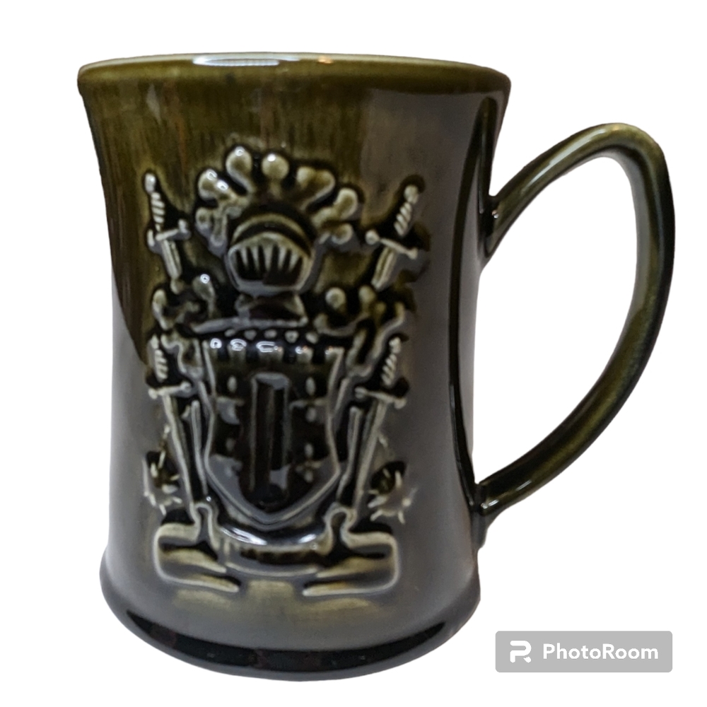 Arthur Wood's Pottery England Embossed Knight Crest w/Handle Vintage Green Glaze
